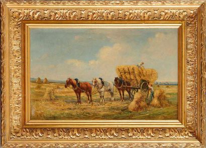 null Albin DE BUNCEY (XIX-XXe) Fenaison à la charrette Huile sur toile Signée en...