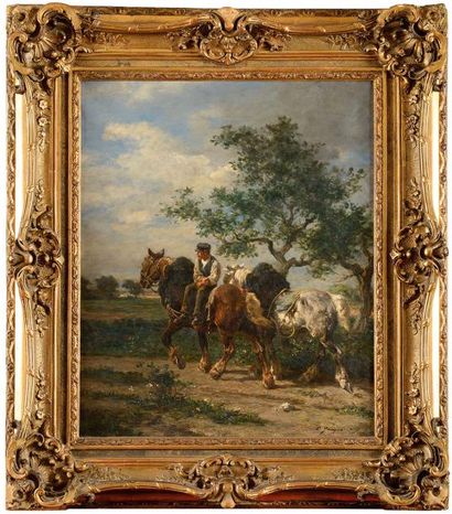 null Emile JACQUE (1848-1912) Les chevaux de labour Huile sur toile Signée en bas...