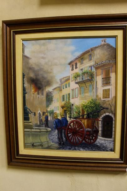 null  Alain BENEDETTO ( né en 1946) "Pompe à bras en ville" Peinture signée en bas...