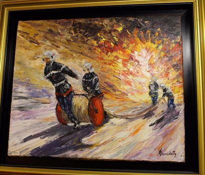 null Alain BENEDETTO ( né en 1946) "Pompiers en intervention" Ensemble de trois peintures...