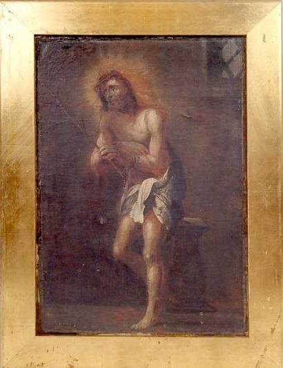 null ECOLE ESPAGNOLE XVIIIème siècle Le Christ aux Roseaux Huile sur toile marouflée...