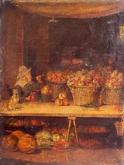 null ECOLE FLAMANDE du XVIIème siècle Le marchand de fruits Huile sur toile 37,5...