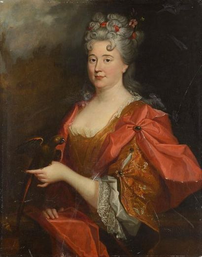 null ECOLE FRANCAISE vers 1680 Portrait de dame au perroquet dans un paysage Toile...