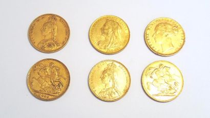 null 
LOT de 6 pièces en or jaune à l'effigie de la Reine Victoria datées 1875, 1887,...