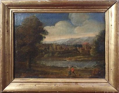 null ECOLE ANGLAISE XVIIIème siècle Scène au bord d'un lac Huile sur toile (rentoilée)...