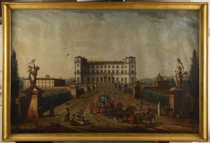 null ECOLE D'ITALIE du NORD vers 1740 Carrosse quittant un palais Italien, Paysage...