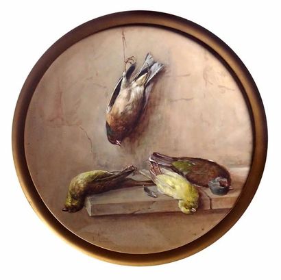 null Louise Marie ACOQUAT (1879-1939) Trophée d'oiseaux Aquarelle de forme tondo...