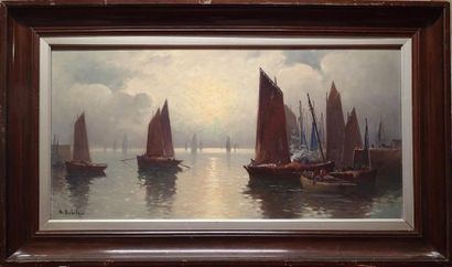 null A.DELISLE (XIX-XXe) Voiliers en bord de mer Huile sur toile Signé en bas à gauche...