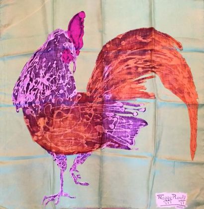 MAGGI ROUFF CARRE en soie vert à motif de coq. Bon état. 72 x 72 cm.