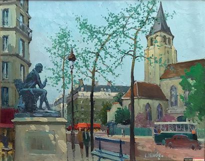 null CONSTANTIN KLUGE (1912-2003) Saint-Germain-des-Prés, la statue de Diderot Huile...