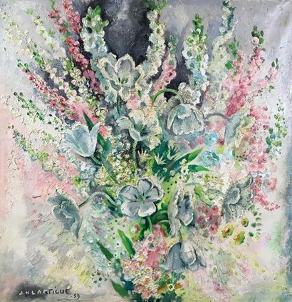 null JACQUES-HENRI LARTIGUE (1894-1986) Les fleurs Huile sur toile signée en bas...