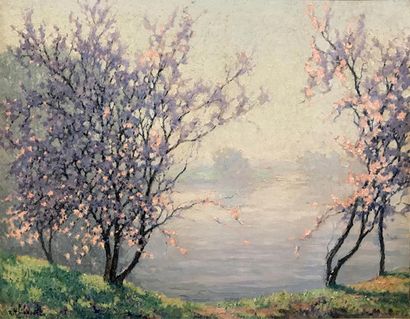 null RAYMOND THIBÉSART (1874-1968) Arbres en fleurs au bord de la Seine Huile sur...