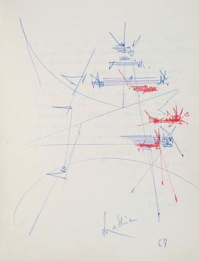 null GEORGES MATHIEU (1921-2012) Sans titre, 1968 Dessin au stylo bille bleu et rouge...