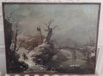 null ECOLE ITALIENNE du XVIIIème siècle Paysage d'hiver Huile sur toile d'origine...