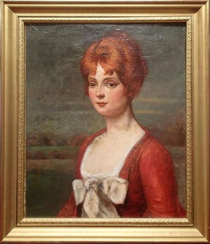 null ECOLE ANGLAISE dans le gout du XVIIIème siècle Portrait de femme à la robe rouge...