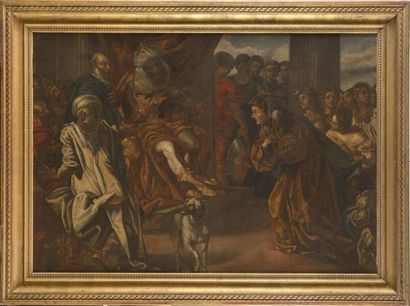 null ECOLE FLAMANDE du XVIIème siècle Esther et le Roi de Perse Huile sur toile 92...