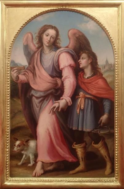 null ECOLE ITALIENNE du XVIIème siècle Saint-Raphaël Archange et le jeune Tobie Huile...