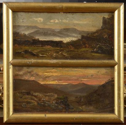 null Henri NAZON (1821-1902) Vallée du Tarn. Diptyque sur panneau de bois. 9 x 19...