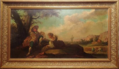 null ECOLE FRANCAISE du XIXème siècle Couple de moissonneurs Huile sur toile 51 x...