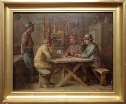 null Leon PRINTEMPS (1871-1945) Soldats de la Grande Guerre jouant aux cartes Panneau...