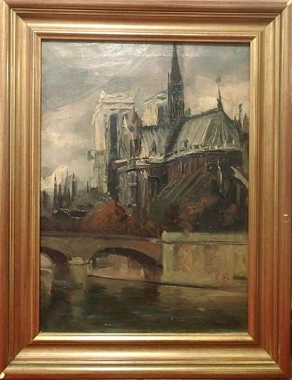 null ECOLE FRANCAISE Début XXe La Cathédrale Notre-Dame de Paris Huile sur toile...