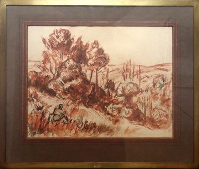 null RENE SEYSSAUD (1867-1952) Paysage de Provence Sanguine, encre et lavis Signée...
