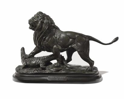 null Édouard Paul DELABRIERRE (1829-1912) Lion sur caiman (1892) Bronze à patine...