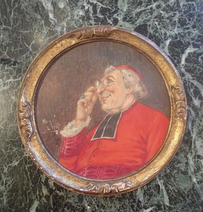 null René GILLES (XIX-XX) Profil d'un Cardinal Huile sur panneau à vue ronde Diam...