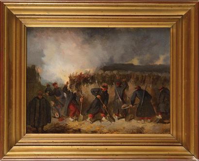 null Ecole Française du XIXe siècle Guerre de Crimée 1854 «Dans les tranchées» Huile...