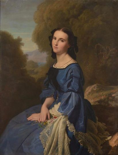 null Paul FLANDRIN (1811-1902) « Jeune fille à la robe de soie bleue» Huile sur toile...