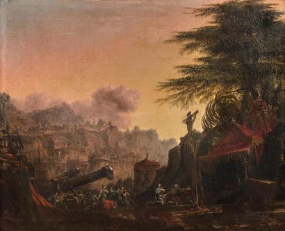 null Ecole ANGLAISE, 1757 «La prise de Jérusalem par Godefroy de Bouillon (?)» Toile...
