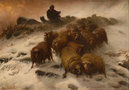 null August Friedrich SCHENCK (1828-1901) Berger et son troupeau dans la tempête...