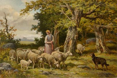 null Charles Ferdinand CERAMANO (1829-1909) Bergère et ses moutons Huile sur toile...