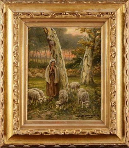 null Charles Ferdinand CERAMANO (1829-1909) Bergère et ses moutons sous un arbre...