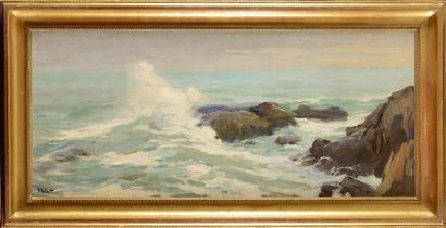 null Henry VOLLET (1861-1945) Vague sur les rochers Huile sur panneau Signé en bas...