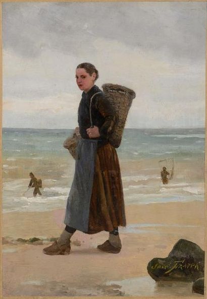 null José FRAPPA (1854-1904) Pêcheuse à pied Huile sur panneau (restaurations) Signé...