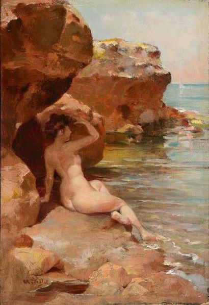 null Alphonse PELLET (1853-1926) Baigneuse dans les rochers Huile sur panneau (petites...