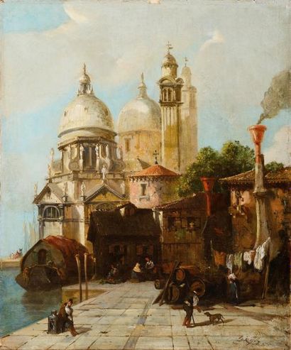 null G. ROSSI (Début XXe siècle) Venise, quai animé près de la Salute Huile sur toile...