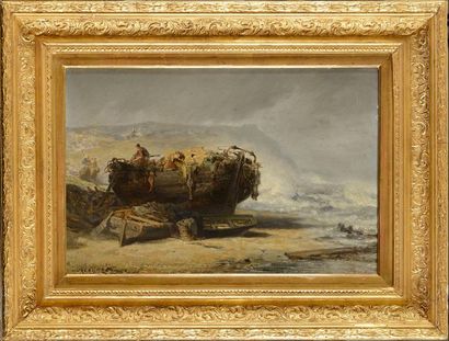 null Jules NOEL (1810-1881) Barque sur la grève (Boulogne ?) Huile sur carton (très...