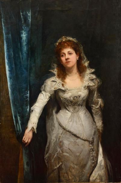 null ÉCOLE FIN XIXe siècle Amy Robsart en robe bleue Huile sur toile (restaurations...