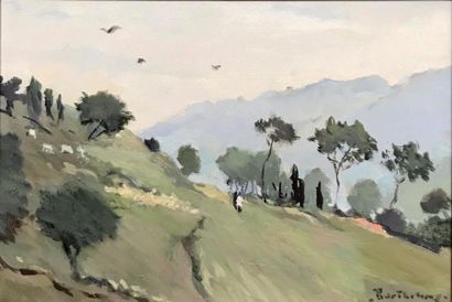 null Gérard BARTHELEMY (1927-2016) La vallée Huile sur toile Signée en bas à droite...
