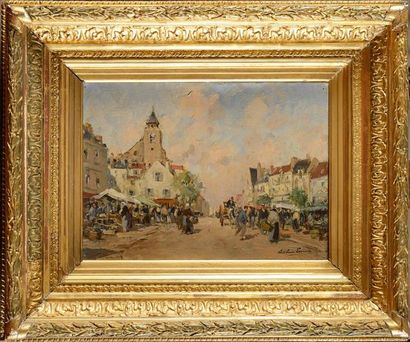 null Paul Emile LECOMTE (1877-1950) Rue au marché Huile sur toile Signée en bas à...