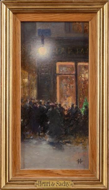 null Henri de SACHY (XIXe siècle) Passants devant une vitrine la nuit Huile sur panneau...