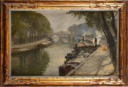 null Jean-Louis LEFORT (1875-1954) Péniches amarrées, la Seine à Paris Huile sur...
