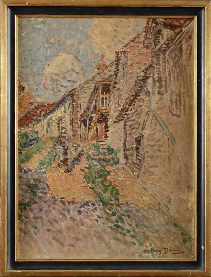 null Antony DAMIEN (1858-1943) Rue de village Huile sur carton (traces de plis et...