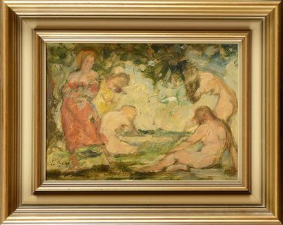 null Émile BAES (1879-1954) Baigneuses à la campagne Huile sur toile (petites restaurations)...