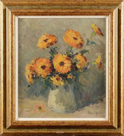 null Narcisse HÉNOCQUE (1879-1952) Bouquet orange Huile sur panneau Signé en bas...