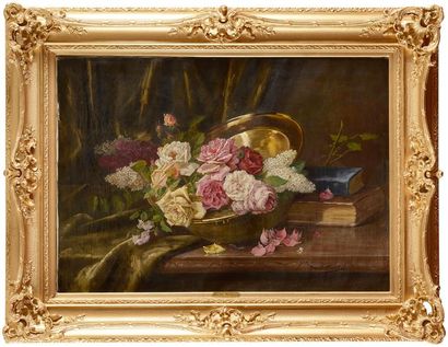 null Alfred Arthur BRUNEL DE NEUVILLE (1852-1941) Roses et lilas dans un bassin doré...