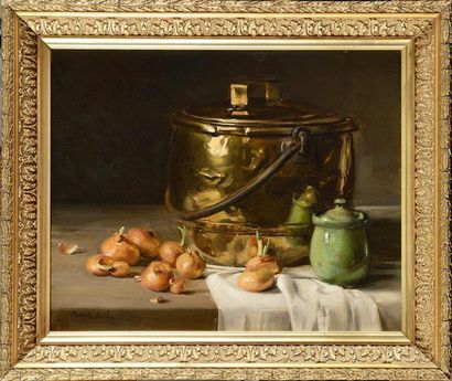 null Franck BAIL (1858-1924) Chaudron, pot et oignons Huile sur toile (quelques restaurations)...