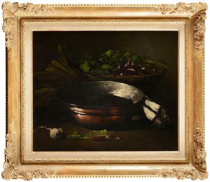 null Germain RIBOT (1845-1893) La bassine de cuivre aux légumes Huile sur toile (quelques...